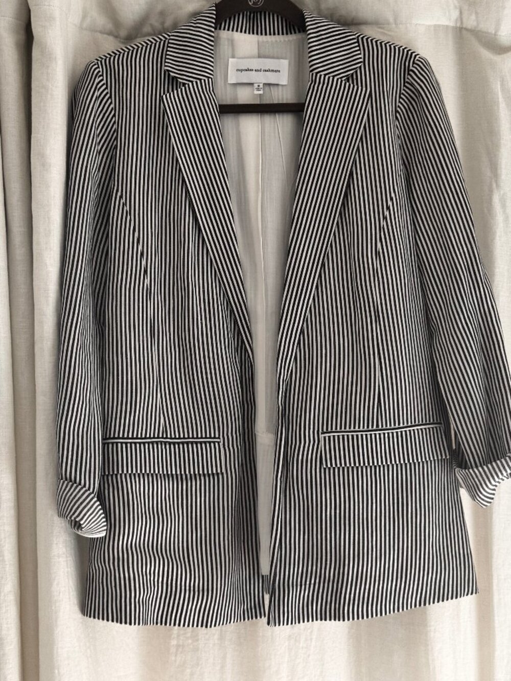 Cupcakes and Cashmere Striped Linen Blend Open Front Blazer Jacket Size S